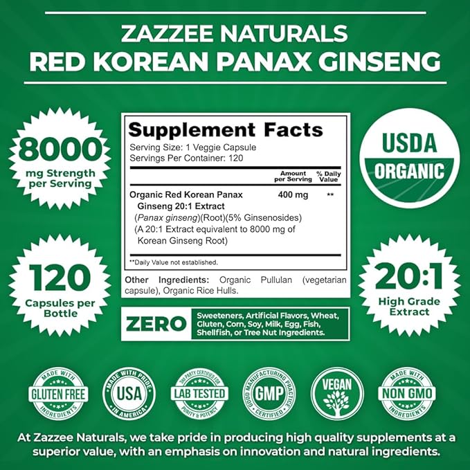 Zazzee USDA Organic Red Korean Panax 20:1 Extract, 8000 mg 5% Ginsenosides, 120 Vegan 20X Root 100% Vegetarian,
