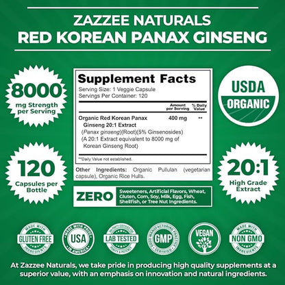 Zazzee USDA Organic Red Korean Panax 20:1 Extract, 8000 mg 5% Ginsenosides, 120 Vegan 20X Root 100% Vegetarian,