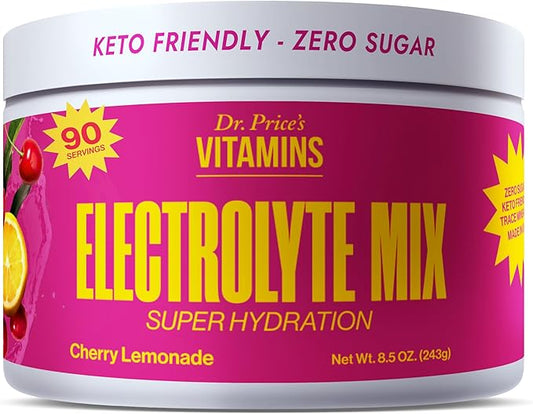 Dr. Price Electrolytes Powder No Sugar - Electrolyte Mix - Hydration Drink - Keto Electrolyte - Fasting Electrolyte - Water Enhancer, Non-GMO, Gluten Free, Sports Drink - 90 Servings Cherry Lemonade