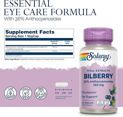 Solaray Bilberry Extract 160 mg, Eye 36% Anthocyanosides 30 VegCaps