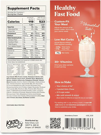 Keto Chow Strawberry Cream - Keto Meal Replacement Shake Powder - Nutritionally Complete - Low Carb - Delicious Easy Meal Substitute - Protein Rich You Choose The Fat - Single Meal Sample