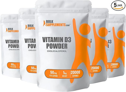 BulkSupplements.com Vitamin D3 Powder - Cholecalciferol, Vitamin D Supplements, Vitamin D3 5000 IU - Gluten Free, 50mg (125mcg of Vitamin D3) per Serving, 5kg (11 lbs) (Pack of 5)