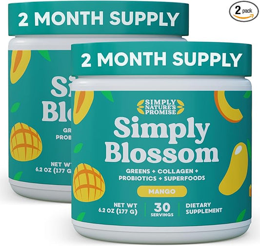 Simply Blossom Nutrition Daily Greens & Superfood Powder + Collagen + Probiotics for Women's Digestive Health & Bloating Relief. Help Your Health Bloom - 2 Month Supply - Mango
