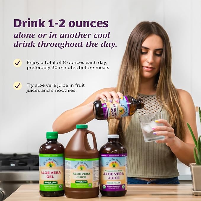 Lily of the Desert Aloe Vera Juice - Organic, Preservative-Free Inner Fillet Aloe Vera Drink with Natural Digestive Enzymes for Gut Health, Stomach Relief, Wellness, Glowing Skin, 128 Fl Oz