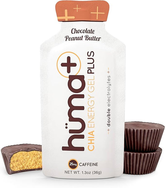 Huma Plus (Double Electrolytes) - Chia Energy Gel, Chocolate Peanut Butter, 12 Gels - Stomach Friendly, Real Food Energy Gels