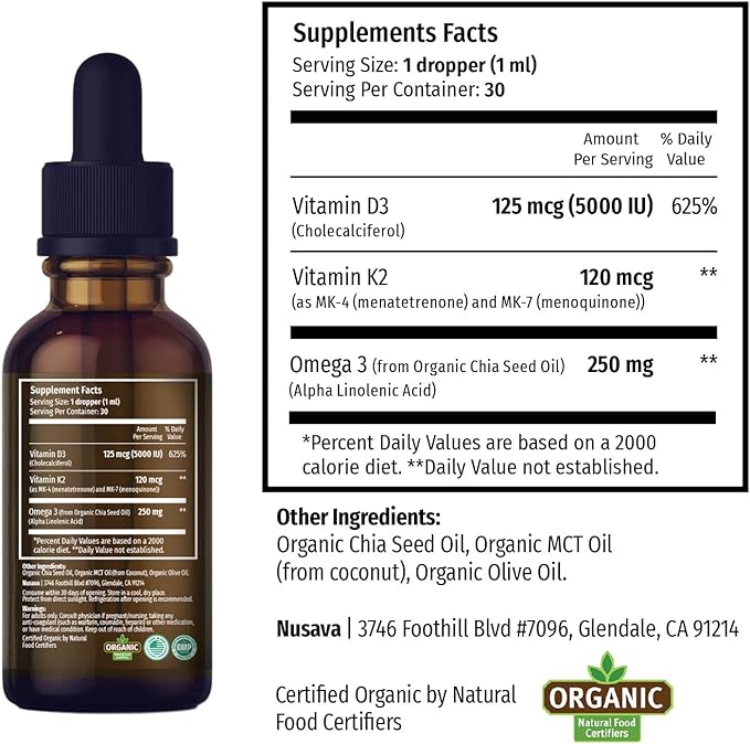 (4 Pack) Organic Vitamin D3 K2 Drops with MCT Oil Omega 3, 5000 IU - Maximum Strength Vitamin D Liquid, No Fillers, Non-GMO Liquid D3 for Faster Absorption and Immune Support, Unflavored, 4 Fl Oz