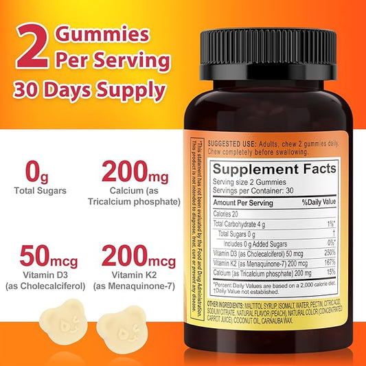 Vitamin D3 K2 Gummies with Calcium, Sugar Free Vitamins Gummies, 2000 IU D3 & 200 mcg K2 & 200 mg Calcium, Supports Healthy Bone, Immune Health Supplement, Gluten Free, GMO Free