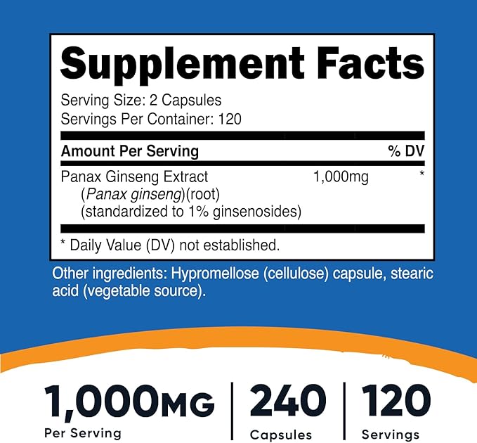 Nutricost Panax Ginseng 1000mg, 240 Capsules, 3 Bottles 120 Servings