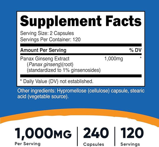Nutricost Panax Ginseng 1000mg, 240 Capsules, 3 Bottles 120 Servings