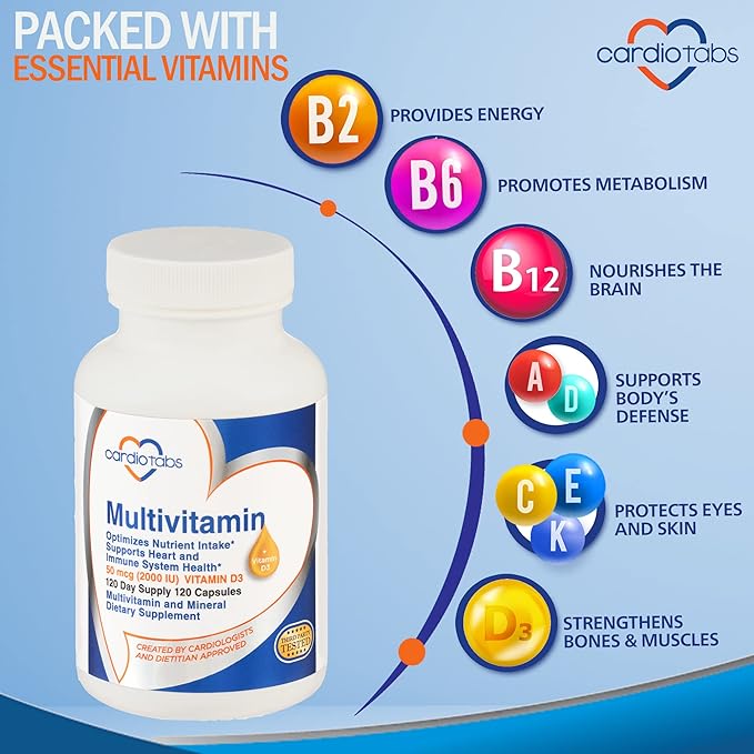 Multivitamin - Heart and Immunity Supplements 2000 IU D3, 120-Count 120-Count Bottle