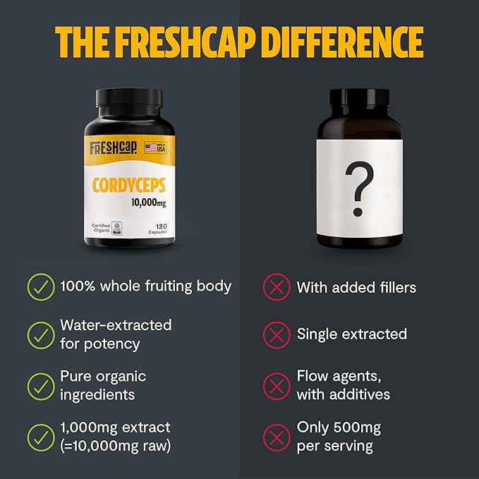 FreshCap Cordyceps Mushroom Capsules 10,000mg - Cordyceps Extract Mushroom Supplement Capsules, Mushroom Extract, Energy Supplements, Ayurveda Nootropic Mushroom Supplements (120 Capsules)