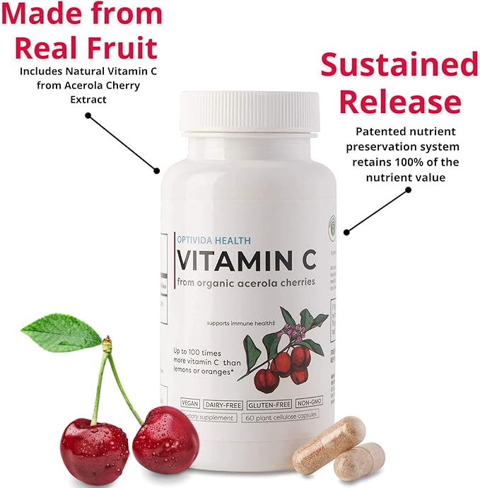 OPTIVIDA Vitamin C Plant-Based Complex: Natural 60 Serv.