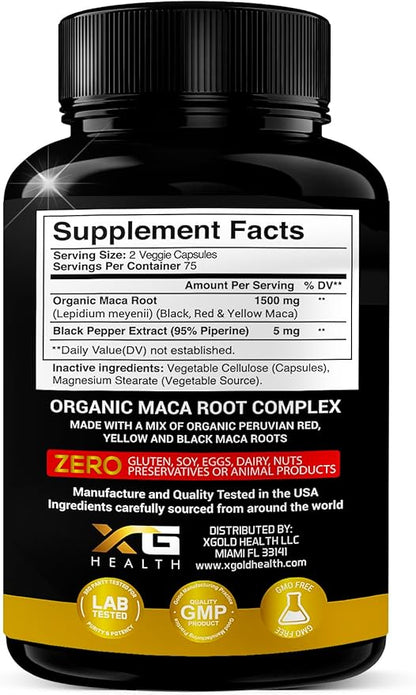 X Gold Health Organic Maca Root Powder Capsules 1500mg with Black | Red & Yellow Peruvian Maca Root Extract Gelatinized, Energy & Mood Supplement for Men & Women + Black Pepper for Best Benefits
