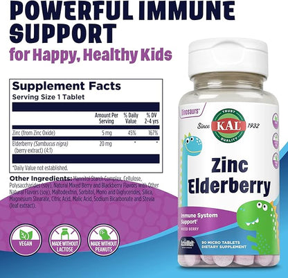 KAL Kids Zinc Elderberry Dinosaurs, Immune 90 Servings, 90 Micro
