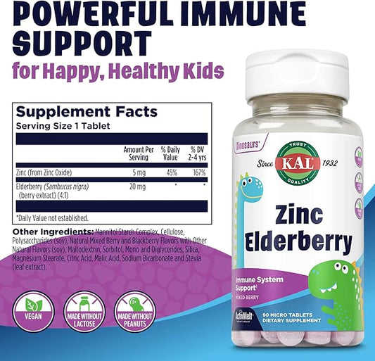 KAL Kids Zinc Elderberry Dinosaurs, Immune 90 Servings, 90 Micro