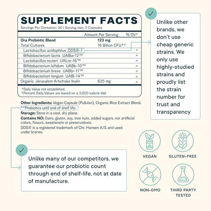 Ora Organic Probiotics with Prebiotics for Digestive Health 16 Billion CFU - Trust Your Gut - Strains - Acidophilus Lactobacillus Breve Bifidum Lactis