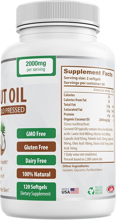 Organic Coconut Oil Capsules 2000mg - 100% Extra Virgin, Cold Pressed for Healthy Skin, Extra Hair Growth, Nail Care, Brain Booster - 120 Softgels - Unrefined Pure & Non GMO Pills - Rich in MCT