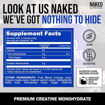 Naked Pure Micronized Orange Creatine Monohydrate - 36 Servings - 500 Grams, 1.1Lb Bulk, Vegan, Non-GMO, Gluten Free, Soy Free. Aid Strength Gains, No Artificial Ingredients Creatine