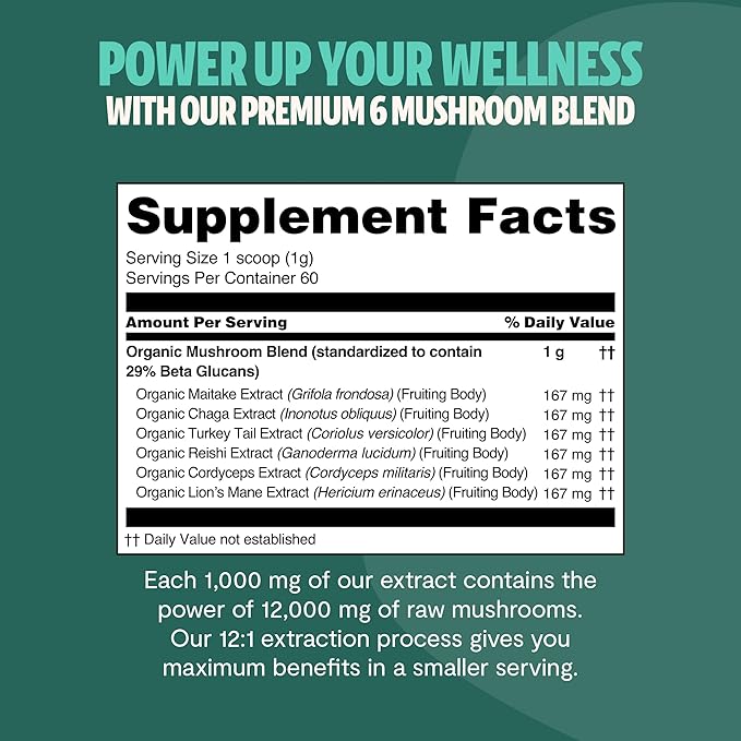FreshCap Ultimate Mushroom Supplement Powder 12,000mg - Organic Mushroom Blend, Mushroom Complex for Focus & Memory, Nootropics Brain Support Supplement, Ayurveda Mushroom Powder Extract (60 Servings)