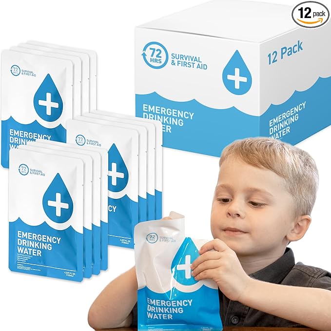 Made in USA - Anti Burst Emergency Water Rations Packets, Emergency Water Pouches, Water for Emergency, Survival Water Pouch, Emergency Water by 72 HRS (Pack of 12)