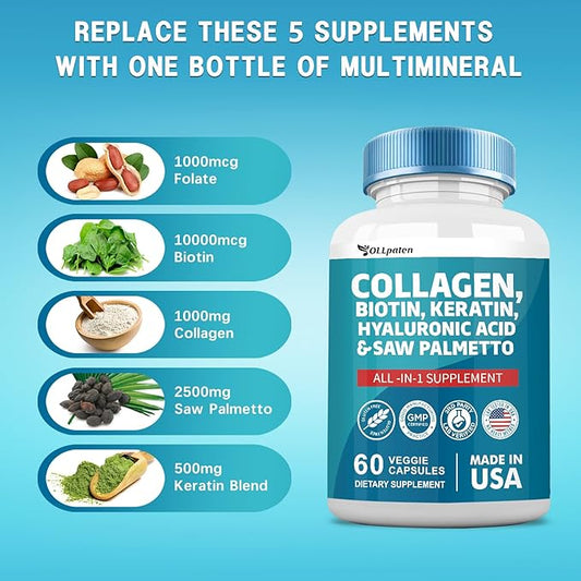 Collagen Pills 1000mg Biotin 10000mcg Keratin 2500mg Hyaluronic 60 Capsules