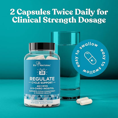 Regulate Cycle Support – Hormone Balance for Women at Optimal 40:1 Myo-Inositol & D-Chiro Inositol – Supplement for Period Consistency, Menstrual & Ovulation Support – 120 Vegan Soft Capsules