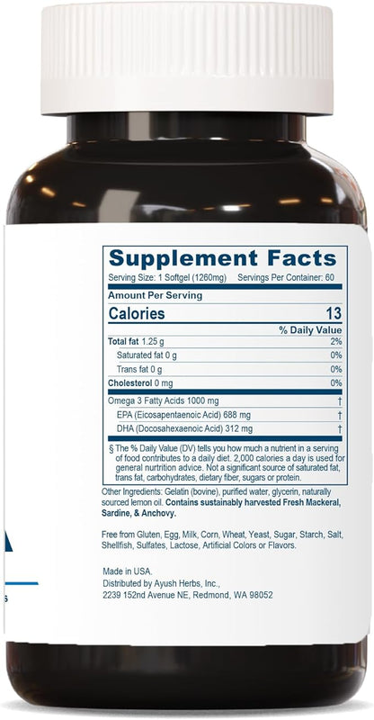 Ayush Herbs High Omega 3 - Omega 3 Fish Oil, 1000mg Per Capsule, EPA & DHA Fish Oil Supplement for Women & Men, Natural Lemon Flavor - 60 Softgel Capsules (1 Count)