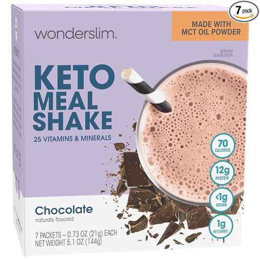 WonderSlim Keto Meal Replacement Shake, Chocolate, Low Carb, C8 MCTs, 12g Protein, Collagen, 25 Vitamins & Minerals, Gluten Free (7ct)
