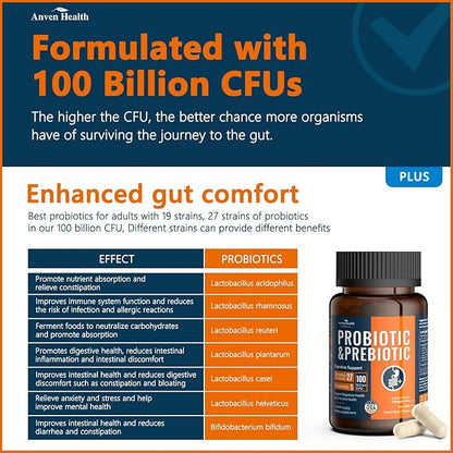 100 Billion Probiotics for Men and Women 27 Strains 5 Organic Prebiotics for Gut Digestive & Immune Health, Supports Diarrhea Gas Bloating, Vegan Probiotic Supplement Formula丨180 Caps