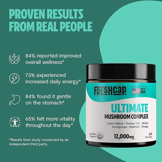 FreshCap Ultimate Mushroom Supplement Powder 12,000mg - Organic Mushroom Blend, Mushroom Complex for Focus & Memory, Nootropics Brain Support Supplement, Ayurveda Mushroom Powder Extract (60 Servings)