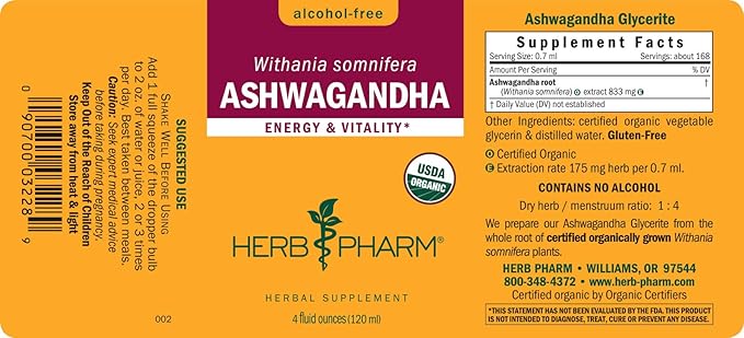 Herb Pharm Certified Organic Ashwagandha Extract 4 Oz