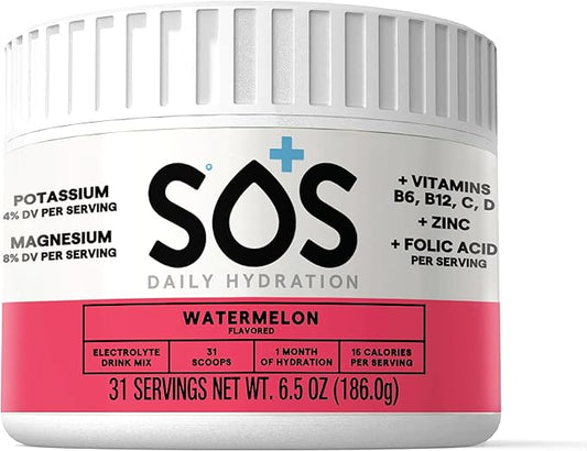 SOS Hydration Electrolyte Powder, Watermelon Flavor, 31 Servings – Low-Calorie, Rapid Rehydration, Made in USA, Keto & Vegan Friendly