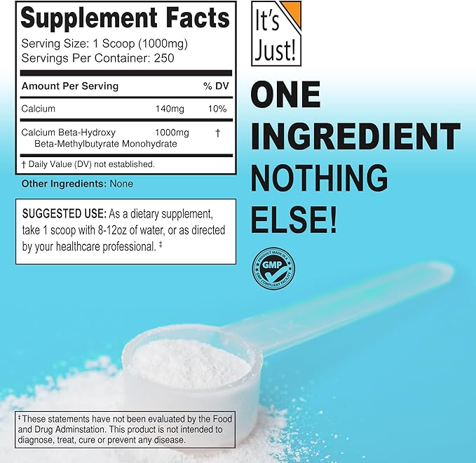It's Just! - HMB Powder, 250g, Beta-Hydroxy Beta-Methylbutyrate, Free Acid, GMP Compliant, Third-Party Tested (Unflavored, 250g)