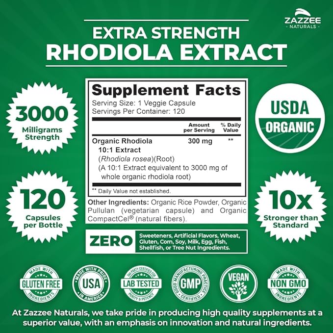 Zazzee USDA Organic Rhodiola 10:1 Exract, 3000 mg 120 Capsules, 4 Month 10X Extract, 100% Vegetarian,