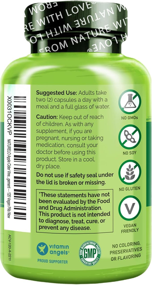NATURELO Apple Cider Vinegar Capsules - Natural ACV with Mother Supplement for Men & Women for Detox, Cleanse and Weight Management - 120 Vegan Capsules (Pack of 2)