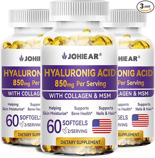 Hyaluronic Acid Supplements, 850mg High Bioavailable Dietary Hyaluronic Acid Capsules, Double Strength Skin Hydration, Joint Lubrication, Eye Health, Hair & Nails Growth Support, 60 Softgels, 3 Pack