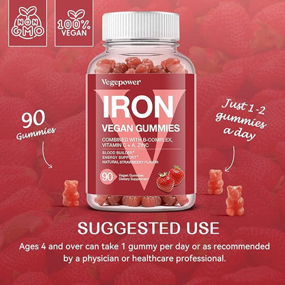 Iron Gummies Supplements for Women & Kids - Multivitamin with Iron for Blood Oxygen, Great Tasting Iron Gummy Vitamins with Vitamin C for Max Absorption - Vegan Iron Chewable (180 Count, Strawberry)