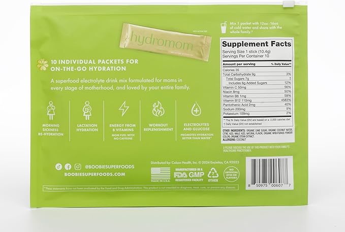 Boobie Hydromom Superfood Electrolyte Drink Mix, Green Apple | Refreshing Energy & Hydration Boost for Mamas | On-The-Go & Travel Essentials for Pregnancy, Lactation, & Beyond, 10 Packets