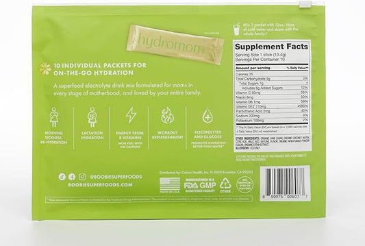 Boobie Hydromom Superfood Electrolyte Drink Mix, Green Apple | Refreshing Energy & Hydration Boost for Mamas | On-The-Go & Travel Essentials for Pregnancy, Lactation, & Beyond, 10 Packets