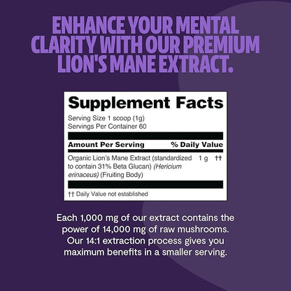 FreshCap Lions Mane Supplement Powder 14,000mg - Lions Mane Mushroom, Lions Mane Extract, Lion's Mane Mushroom, Mushroom Supplement for Focus & Memory, Organic Lions Mane Powder (60 Servings)