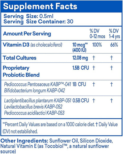 Dr. Kids Probiotic Vitamin D Drops - Supports Infant & Child Gut Health, Helps Reduce Gas, Colic & Fussiness, Baby Probiotic Drops with Vitamin D3, Pediatrician Recommended, Unflavored, 15ml (1 Pack)