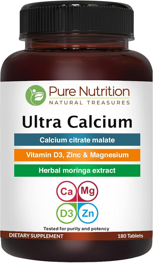 Pure Nutrition Ultra Calcium Citrate Malate | 1000mg Highly absorbable Calcium Supplement with Calcium Citrate Malate, Vitamin D3, Magnesium and Zinc | Non-GMO | Gluten-Free | 180 Veg Tabs