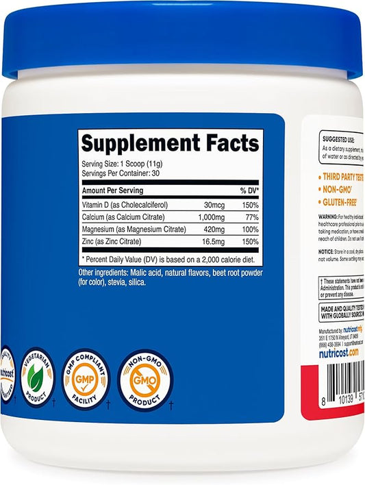 Nutricost Calcium Magnesium Zinc with Vitamin D3 Powder, 30 Servings (1000 MG) (420 MG) (16.5 MG) D3 (30 (30 MCG)