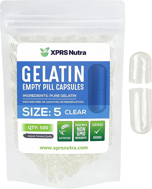 XPRS Nutra Size 5 Empty Capsules - 500 Count Very Small Clear Empty Gelatin Capsules - Empty Pill Capsules for DIY Capsule Filling - Fillable Pill Capsules Empty Gel Caps