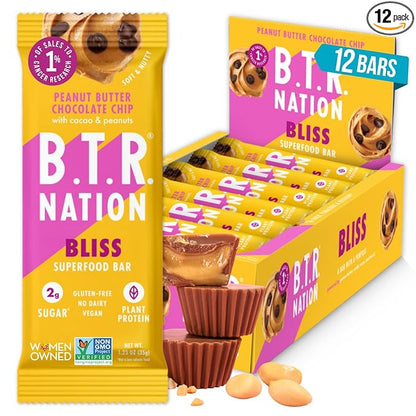 Vegan Keto Superfood Protein Bars, by B.T.R. - Low Carb, Plant Based, Gluten Free |12 Bars| Free of Sugar Alcohols & Boosted with Powerful Superfoods! (Peanut Butter Chocolate Chip BLISS)