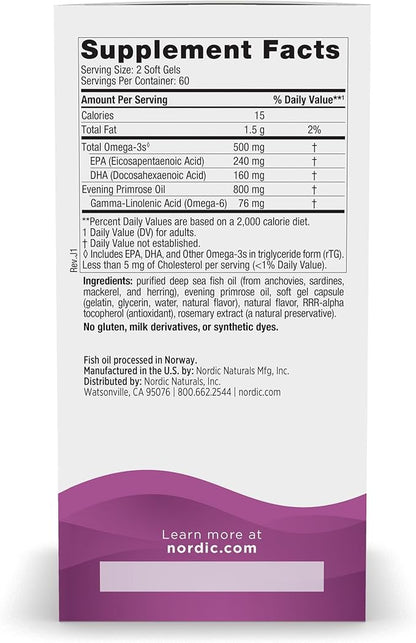 Nordic Naturals Omega Woman, Lemon - 120 Soft Gels - 500 mg Omega-3 + 800 mg Evening Primrose Oil - Healthy Skin, Hormonal Balance, Optimal Wellness - Non-GMO - 60 Servings