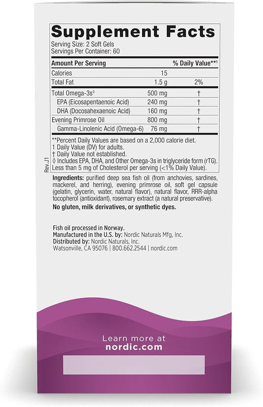 Nordic Naturals Omega Woman, Lemon - 120 Soft Gels - 500 mg Omega-3 + 800 mg Evening Primrose Oil - Healthy Skin, Hormonal Balance, Optimal Wellness - Non-GMO - 60 Servings