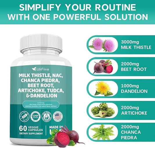 Milk Thistle 3000mg NAC Chanca Piedra 2000mg Beet 2000mg Artichoke 2000mg Tudca 1000mg with 60 Count
