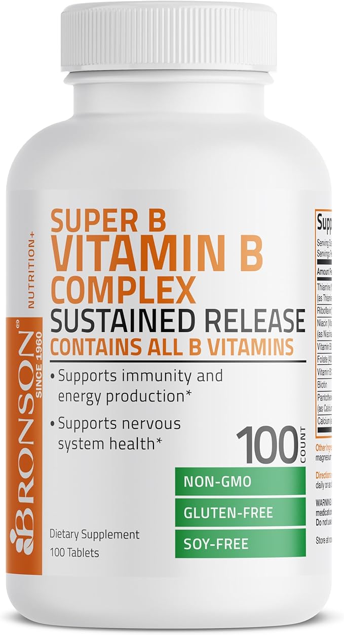 Bronson Super B Vitamin B Complex B1, B2, B2, B3, B3, B6, B6, B9 B9 - B12) Contains 100 Tablets