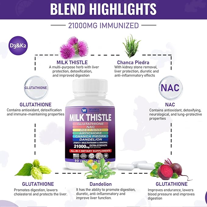 Milk Thistle Supplement 15000mg Organic Artichoke D3&K2 vitamins (29-IN-1)Made In